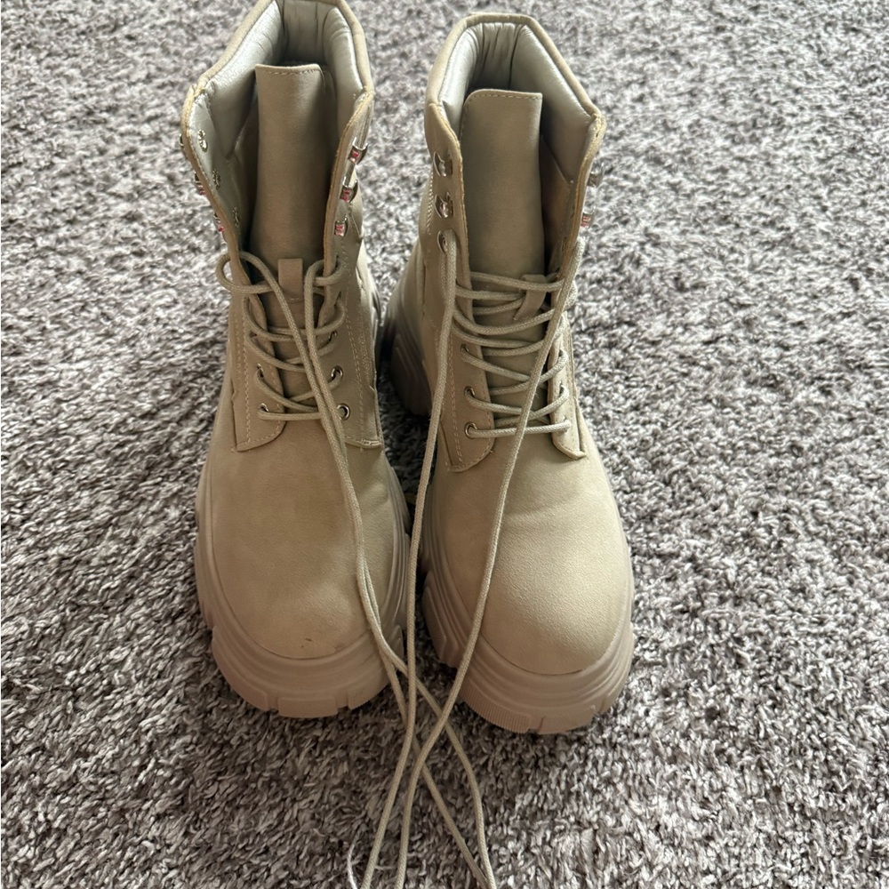 Beige Chunky Lace-Up Platform Boots